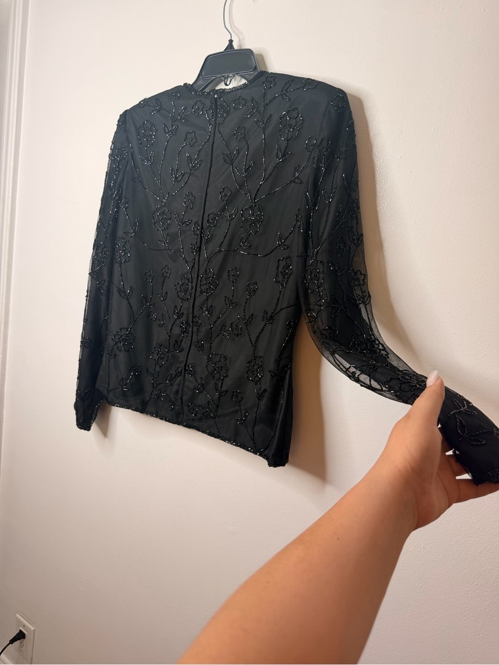 Embellished Black Floral Beaded Long-Sleeve Top - Picture 5 of 7